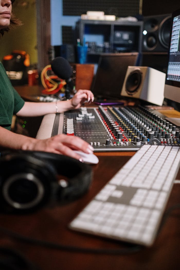 A woman works on an audio mixer in a professional sound studio, adjusting controls and using a computer mouse.